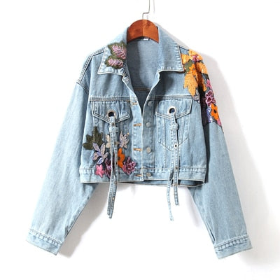 Sequins Denim Jacket Embroidery Jeans Coat Long Sleeve Slim Student Casual