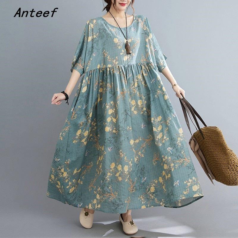 short sleeve oversize cotton vintage floral animal print casual loose long elegant dress 2023