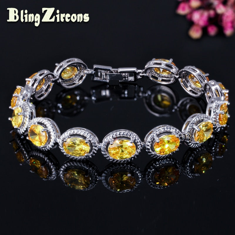 BeaQueen Fashion Big Oval Round Cubic Zirconia Yellow Stone Tennis Bracelets Silver Color Party Jewellry for Women B036