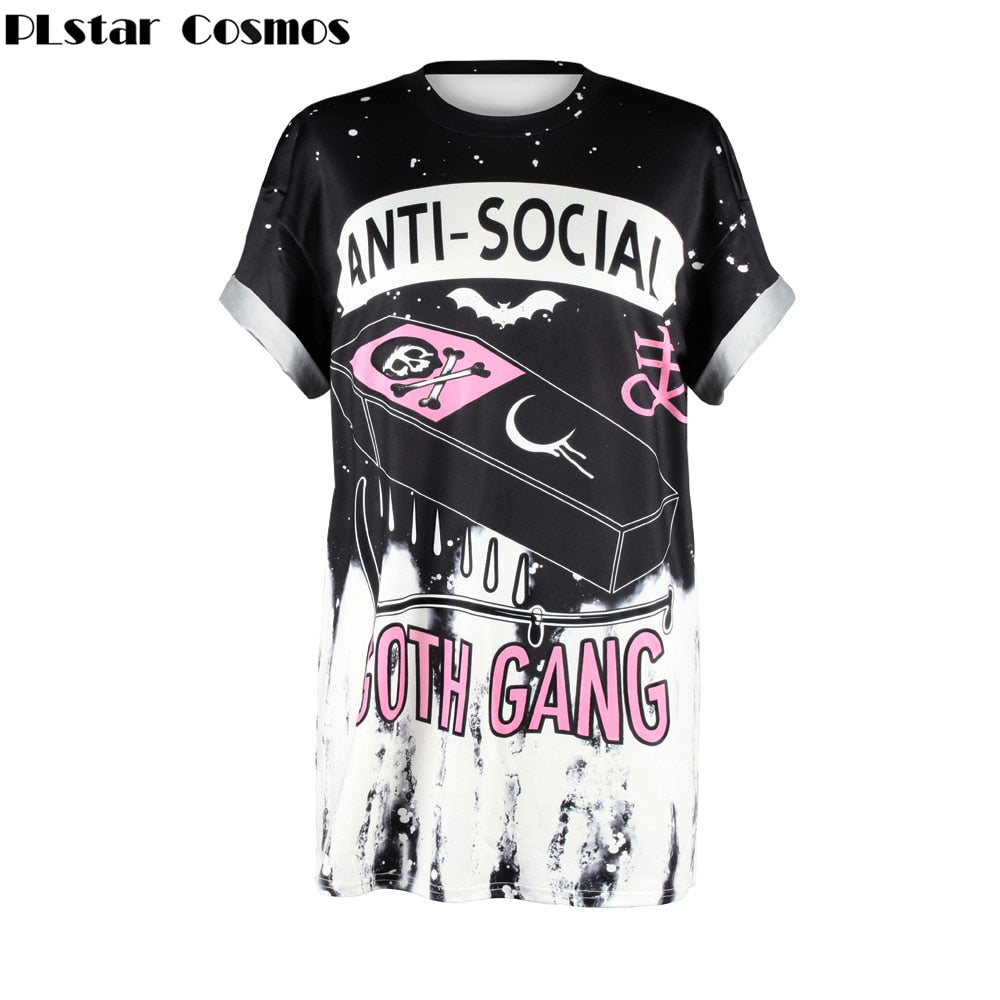 PLstar Cosmos ANTI-SOCIAL 3D Printing T-Shirt GOTH GANG Harajuku Punk Plus Size S-3XL