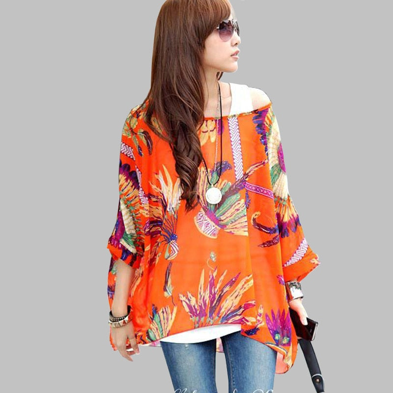 4XL Plus Size Blouses Beach Cover-ups European Style Casual Chiffon Tops Shirts - DJVWellnessandPets