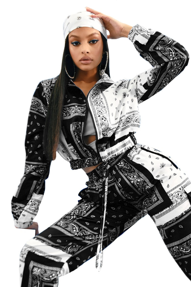 Paisley Bandana Print Two 2 Piece Fitness Sweatsuit Zip Up