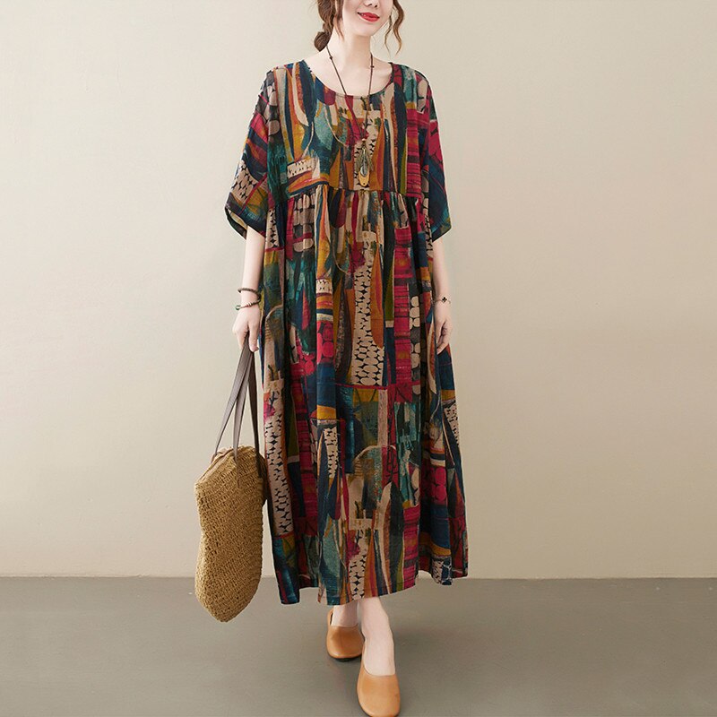 short sleeve oversize cotton vintage floral casual loose long elegant dresses 2023