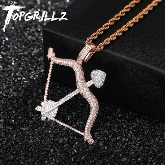 New Designed Iced Out Bow & Arrow Pendant Solid Back Necklace Hip Hop Gold Silver Color Mens/Women Charm Chain Jewelry