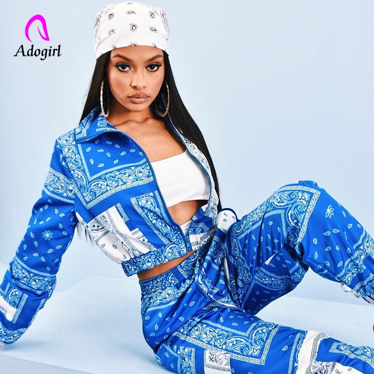 Paisley Bandana Print Two 2 Piece Fitness Sweatsuit Zip Up