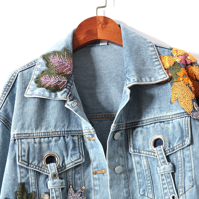 Sequins Denim Jacket Embroidery Jeans Coat Long Sleeve Slim Student Casual