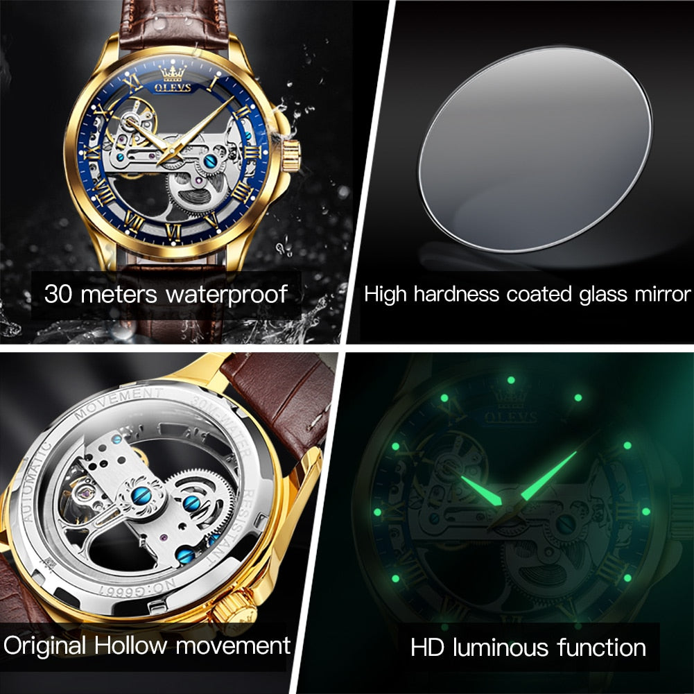 OLEVS Luxury Automatic Skeleton Design Waterproof Leather Strap Watch