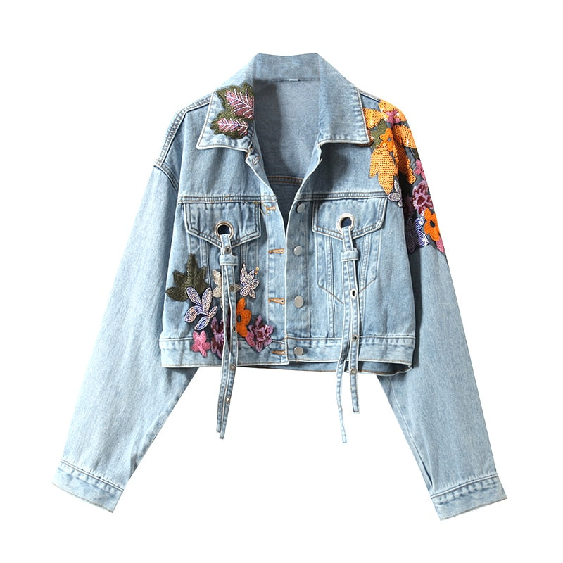 Sequins Denim Jacket Embroidery Jeans Coat Long Sleeve Slim Student Casual