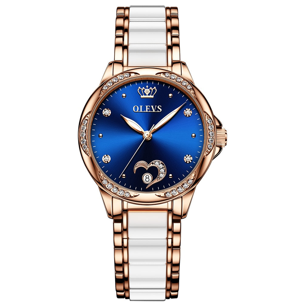 OLEVS Mechanical Wrist Wath Stainless Steel Ceramic Band Heart Diamond Dress Watch