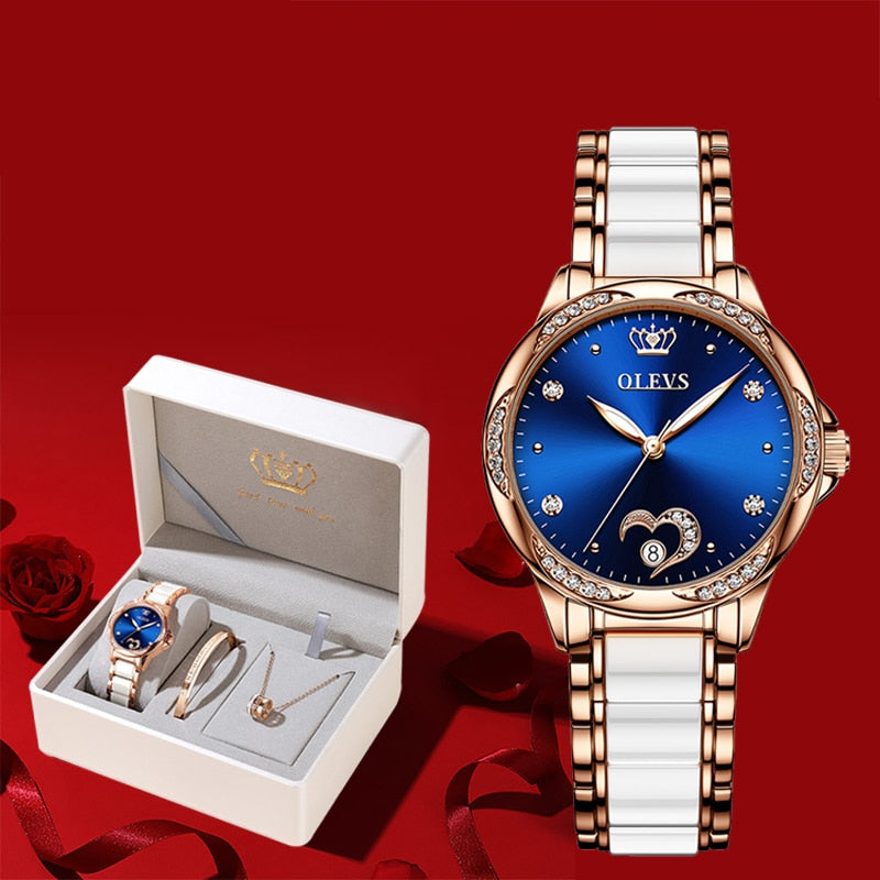 OLEVS Mechanical Wrist Wath Stainless Steel Ceramic Band Heart Diamond Dress Watch