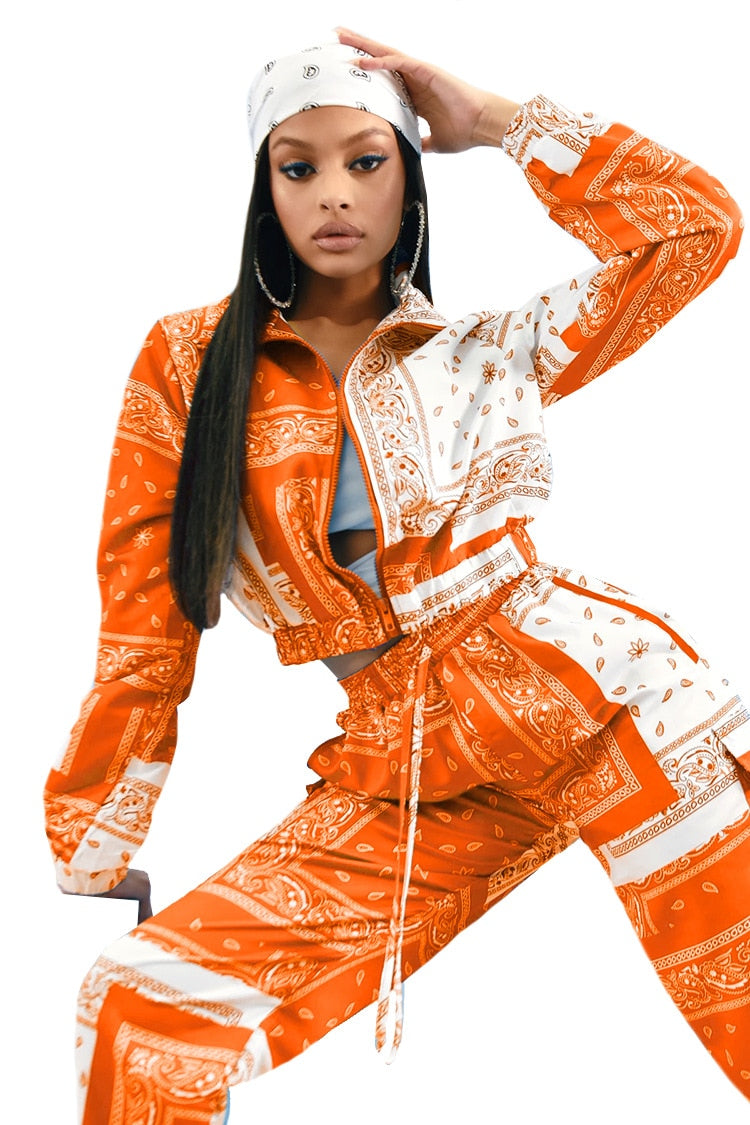 Paisley Bandana Print Two 2 Piece Fitness Sweatsuit Zip Up