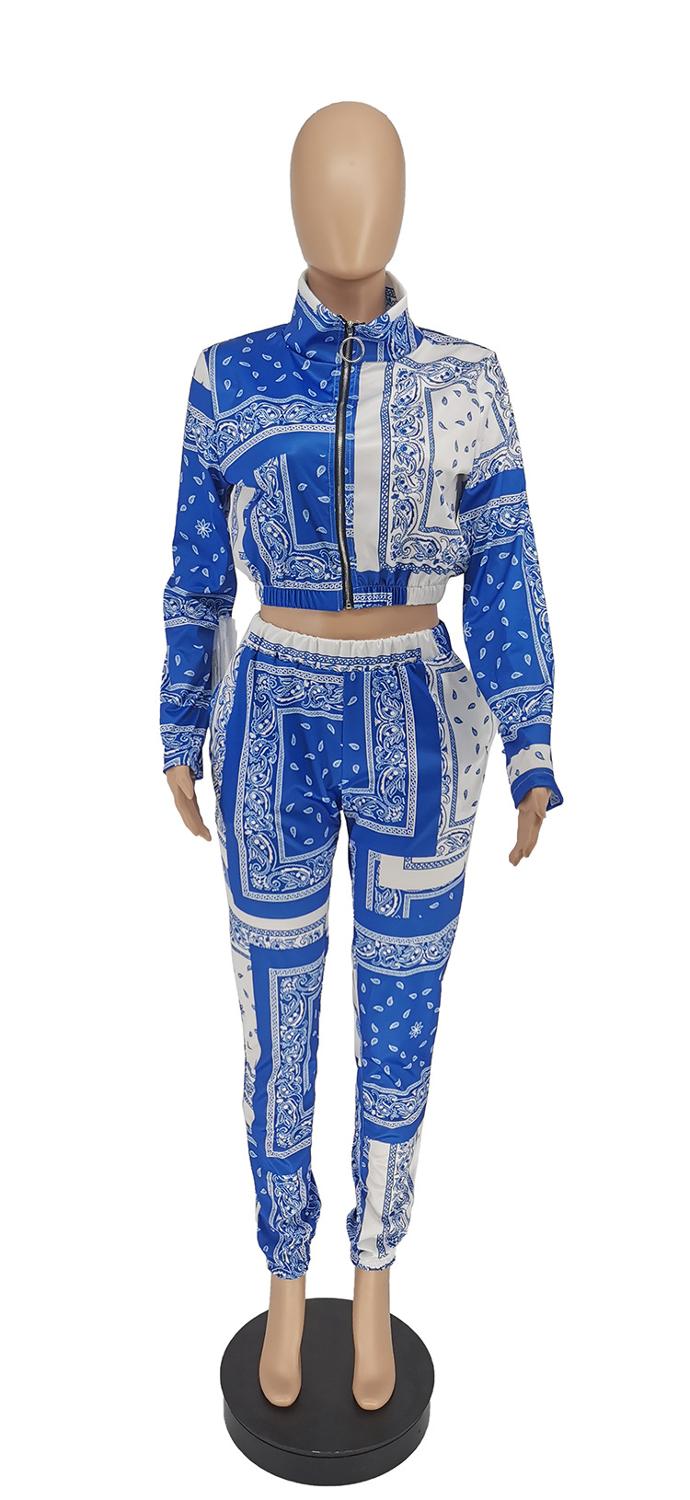 Paisley Bandana Print Two 2 Piece Fitness Sweatsuit Zip Up