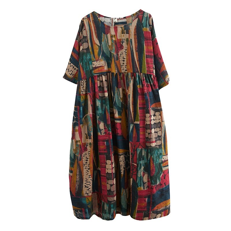 short sleeve oversize cotton vintage floral casual loose long elegant dresses 2023