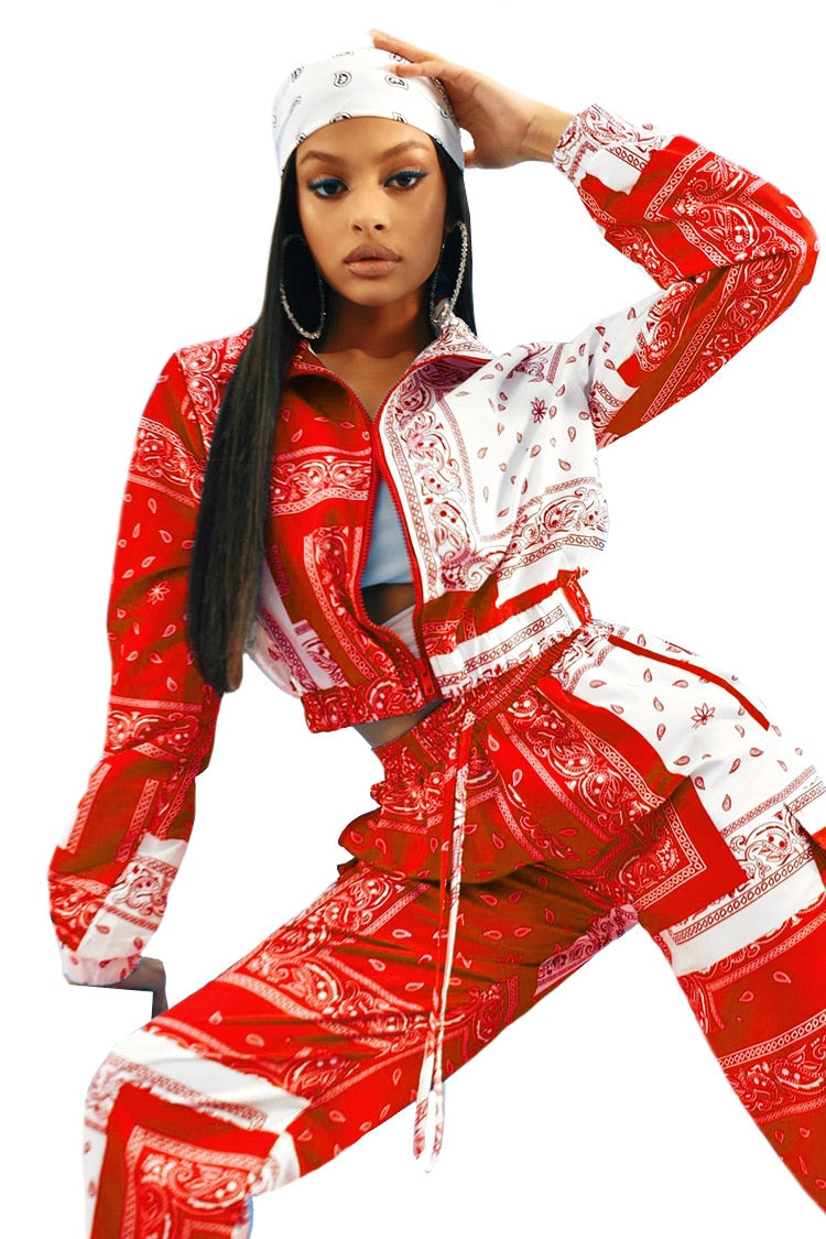 Paisley Bandana Print Two 2 Piece Fitness Sweatsuit Zip Up