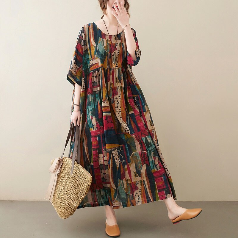 short sleeve oversize cotton vintage floral casual loose long elegant dresses 2023