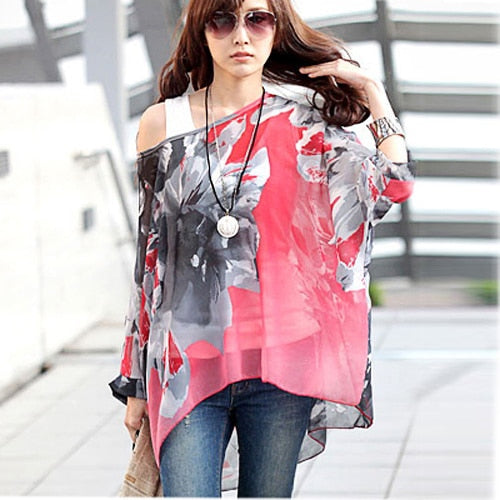 4XL Plus Size Blouses Beach Cover-ups European Style Casual Chiffon Tops Shirts - DJVWellnessandPets