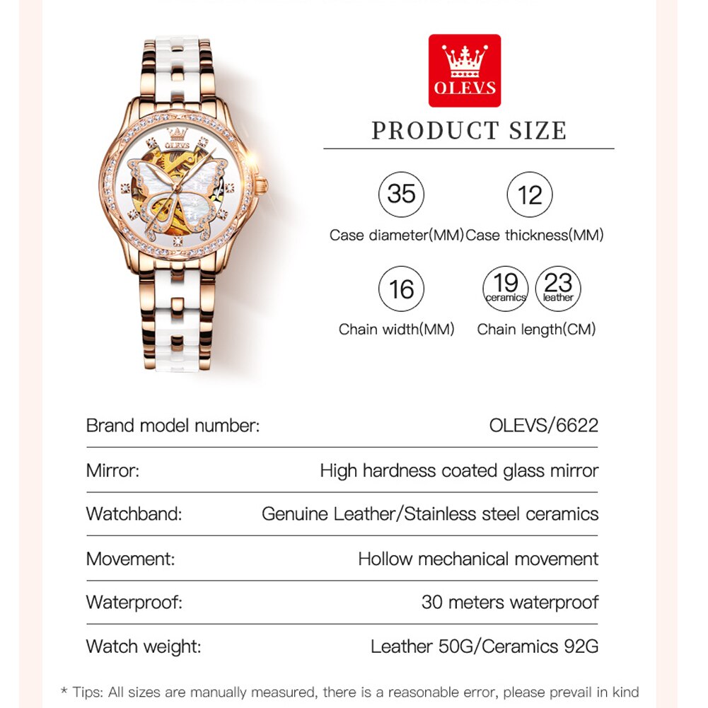 OLEVS Mechanical Elegant Luxury Dress Butterfly Diamond White Ceramic Band Watch Gift