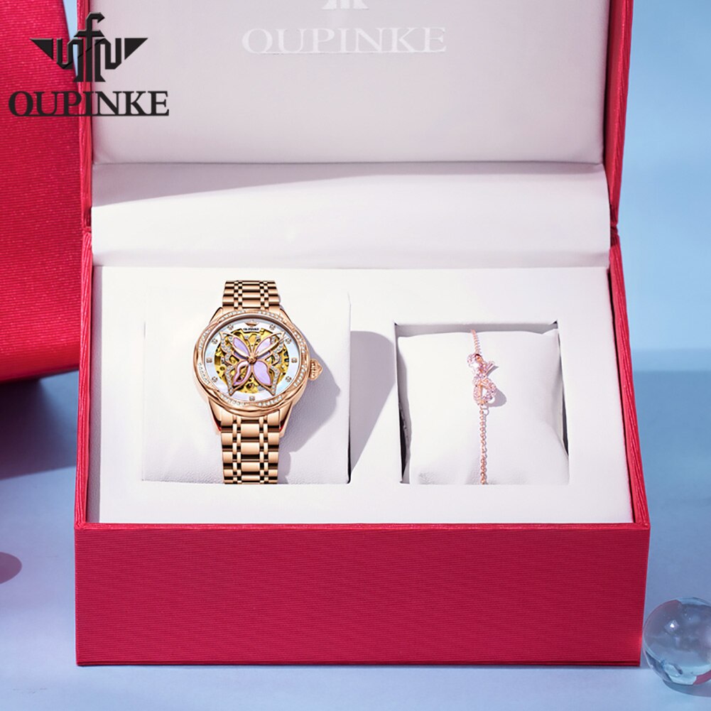 OUPINKE Automatic Luxury Sapphire Crystal Mirror Elegant Ceramics Band Ladies Wristwatch