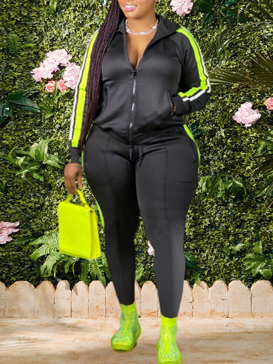 LW Plus Size Hooded Collar Patchwork Tracksuit Set Sweatsuit Joggers Outfit Zip - DJVWellnessandPets