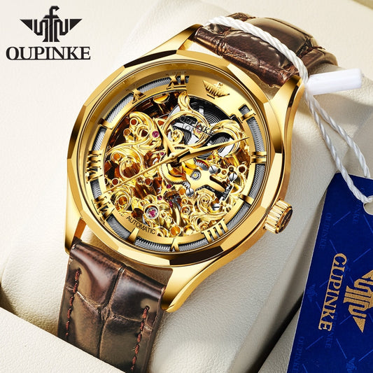 OUPINKE Original Mechanical Watches Gold Skeleton Self Winding Sapphire Crystal Waterproof Tungsten Steel TOP Wristwatch