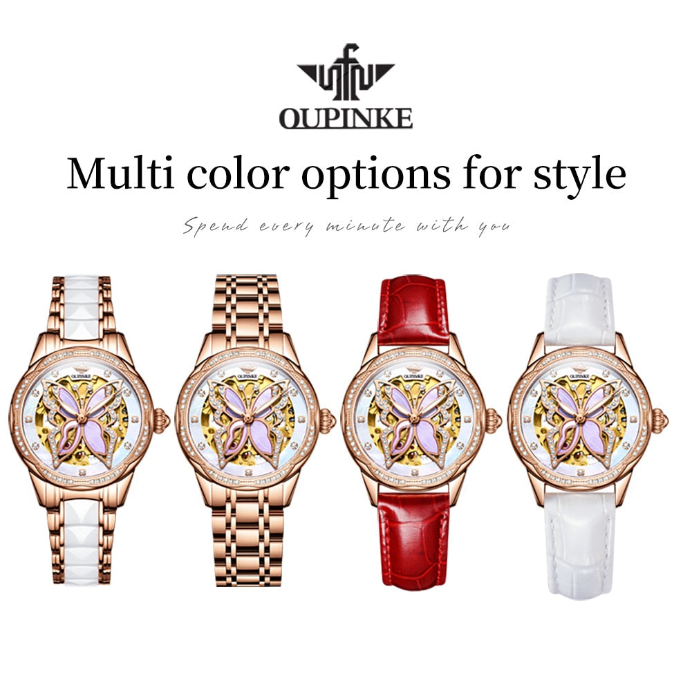 OUPINKE Automatic Luxury Sapphire Crystal Mirror Elegant Ceramics Band Ladies Wristwatch