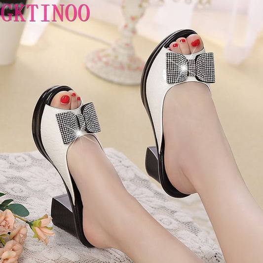 2023 new women sandals Women slippers genuine leather rhinestone thick high-heeled color block decoration open toe women sandals
