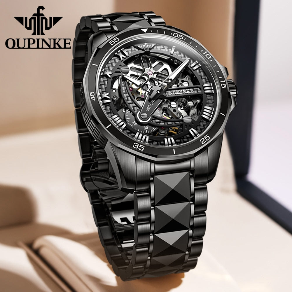 Black Skeleton Luxury Automatic Mechanical Sapphire Crystal Tungsten Steel Waterproof Luminous Watch - DJVWellnessandPets