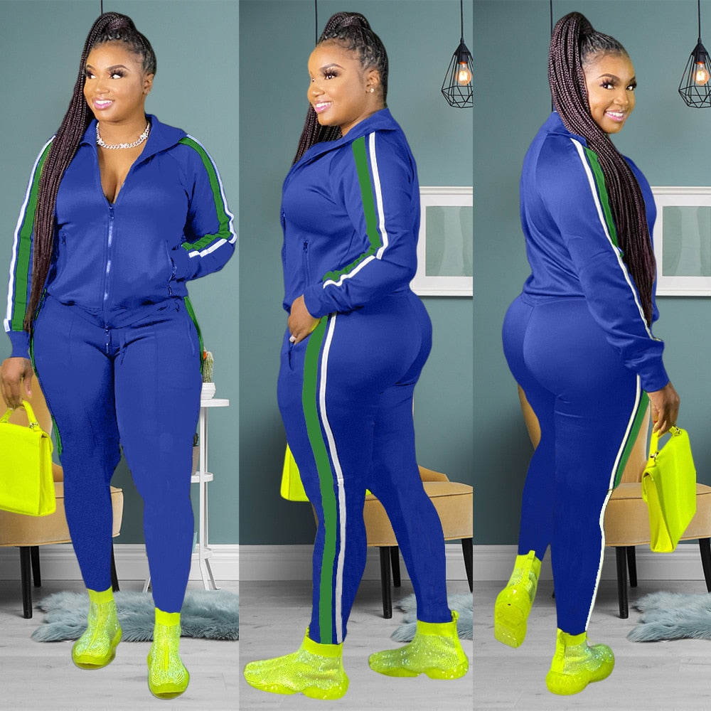 LW Plus Size Hooded Collar Patchwork Tracksuit Set Sweatsuit Joggers Outfit Zip - DJVWellnessandPets