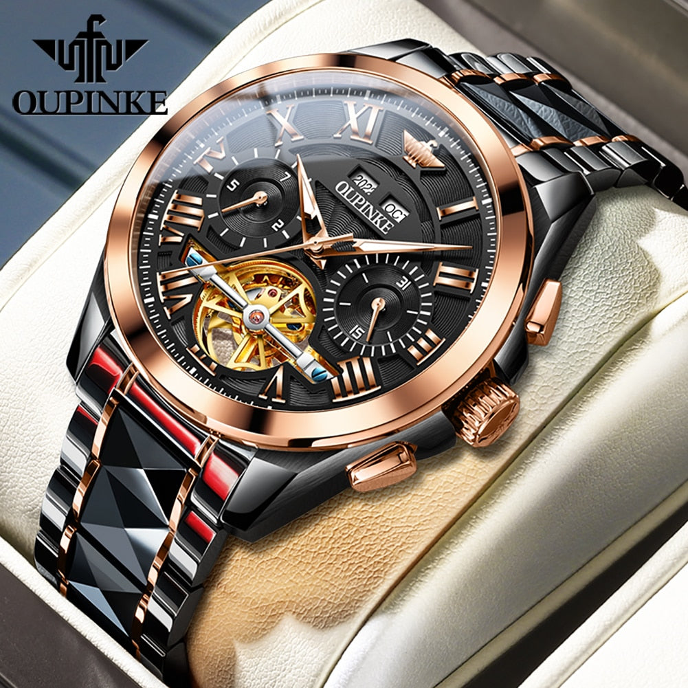 OUPINKE Waterproof Luminous Sapphire Tungsten Steel Date Automatic Watch