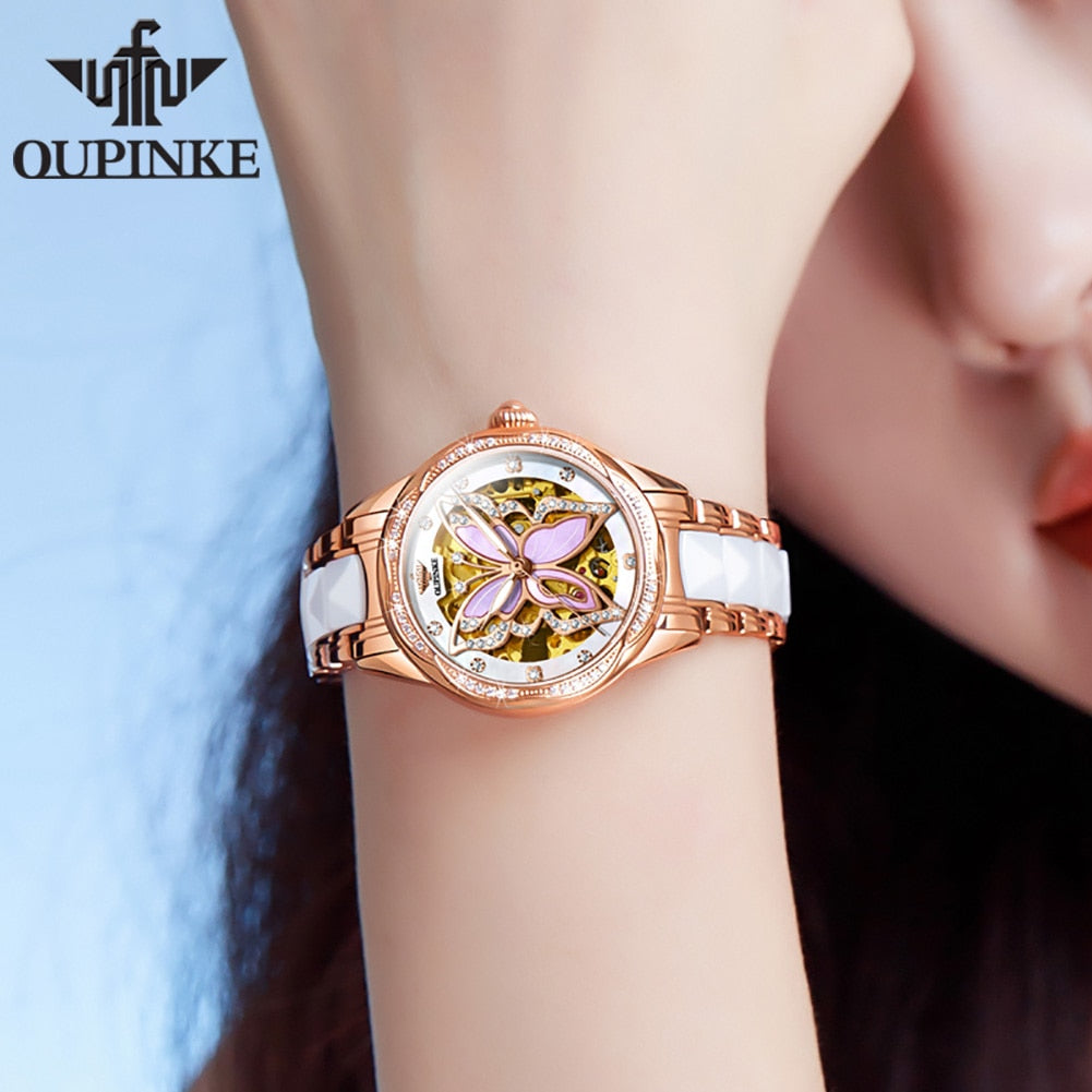 OUPINKE Automatic Luxury Sapphire Crystal Mirror Elegant Ceramics Band Ladies Wristwatch