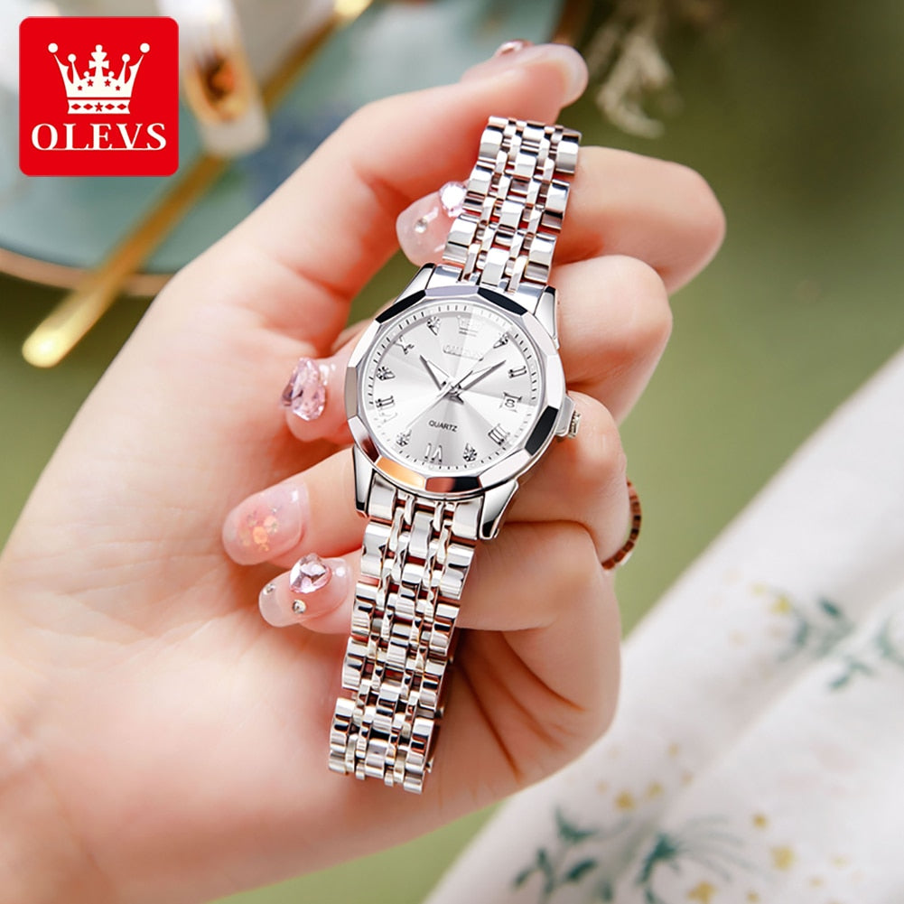 OLEVS Quartz Stainless Steel Dual Calendar Luxury Top Brand Waterproof Ladies Watches