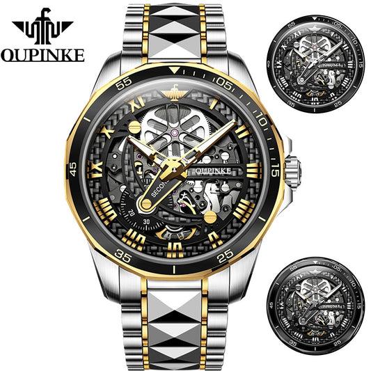 OUPINKE Mechanical Watches Automatic Watch Men Sapphire Glass Skeleton Wristwatch Waterproof Tungsten Steel Watch for Men Belt