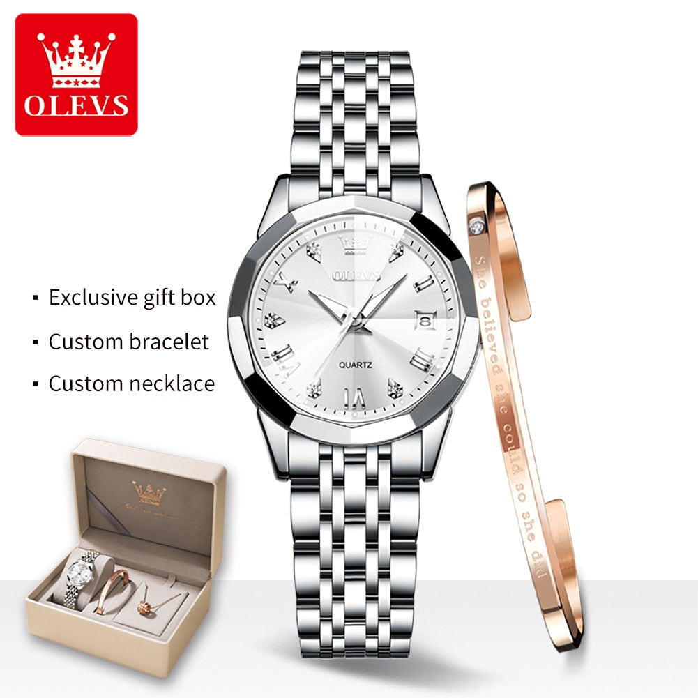 OLEVS Quartz Stainless Steel Dual Calendar Luxury Top Brand Waterproof Ladies Watches