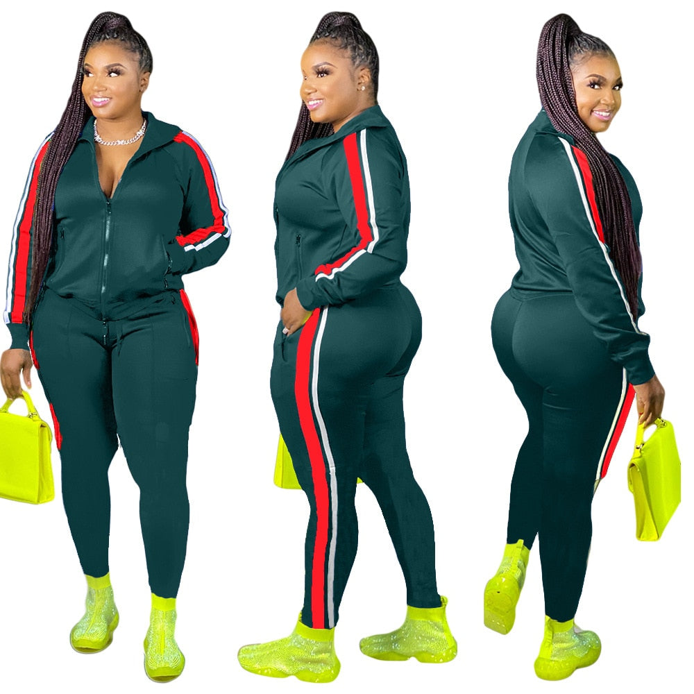 LW Plus Size Hooded Collar Patchwork Tracksuit Set Sweatsuit Joggers Outfit Zip - DJVWellnessandPets