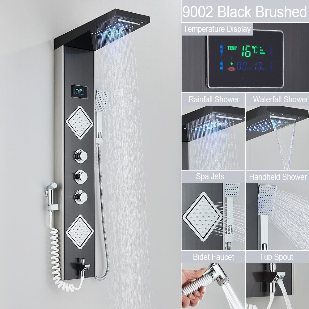 Black LED Light Shower Faucet Bathroom SPA Massage Jet Shower Column System Waterfall Rain Shower Panel Bidet Sprayer Tap - DJVWellnessandPets