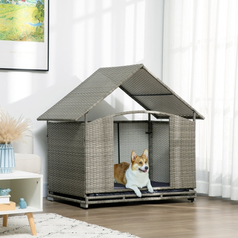 Wicker Dog House with Canopy, Rattan Dog Bed with Water Resistant Soft Cushion, Elevated Puppy House Shelter for Indoor Outdoor