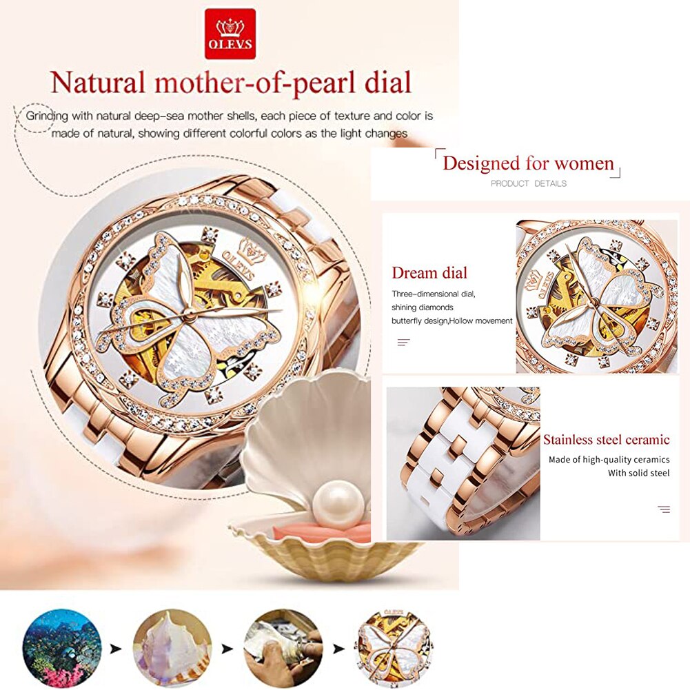 OLEVS Mechanical Elegant Luxury Dress Butterfly Diamond White Ceramic Band Watch Gift