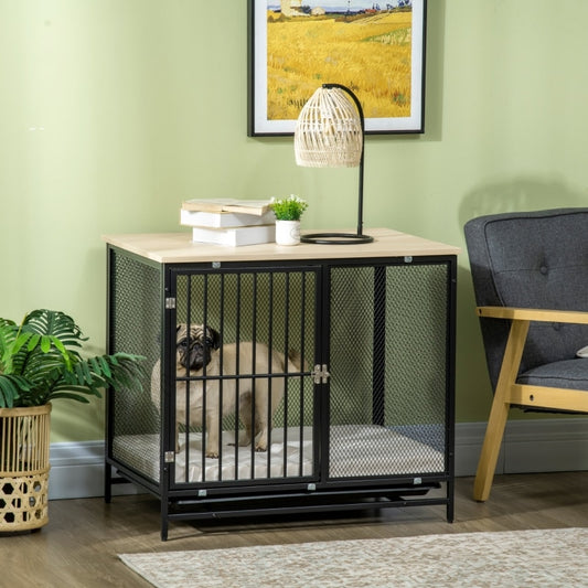 Dog Crate Furniture with Water-Resistant Cushion Medium Dog Kennel, Oak, 31.5" x 22" x 28"