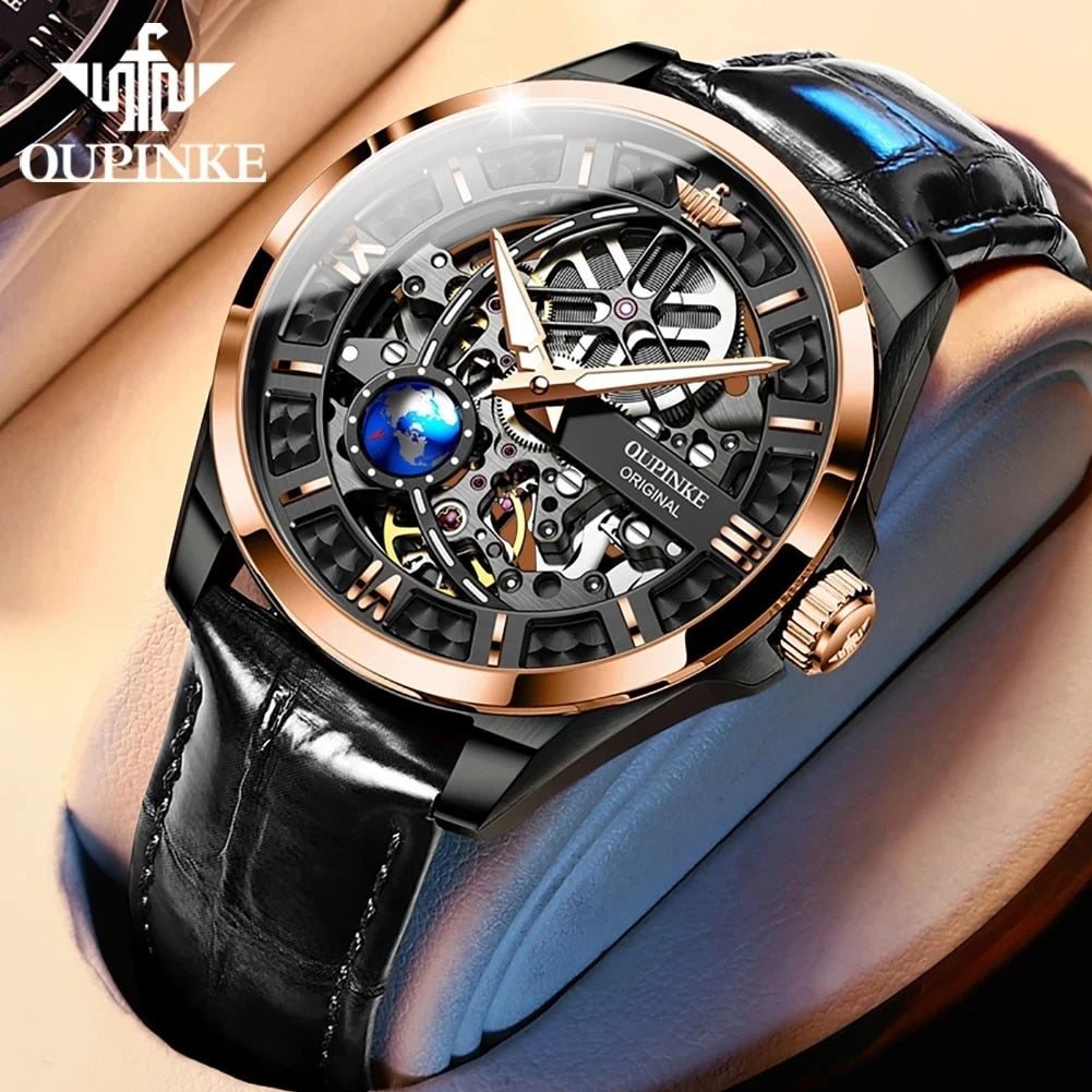 Genuine OUPINKE Skeleton Automatic Mechanical Watches For Men Comfortable Leather Strap Sapphire Mirror Sport Wristwatch - DJVWellnessandPets