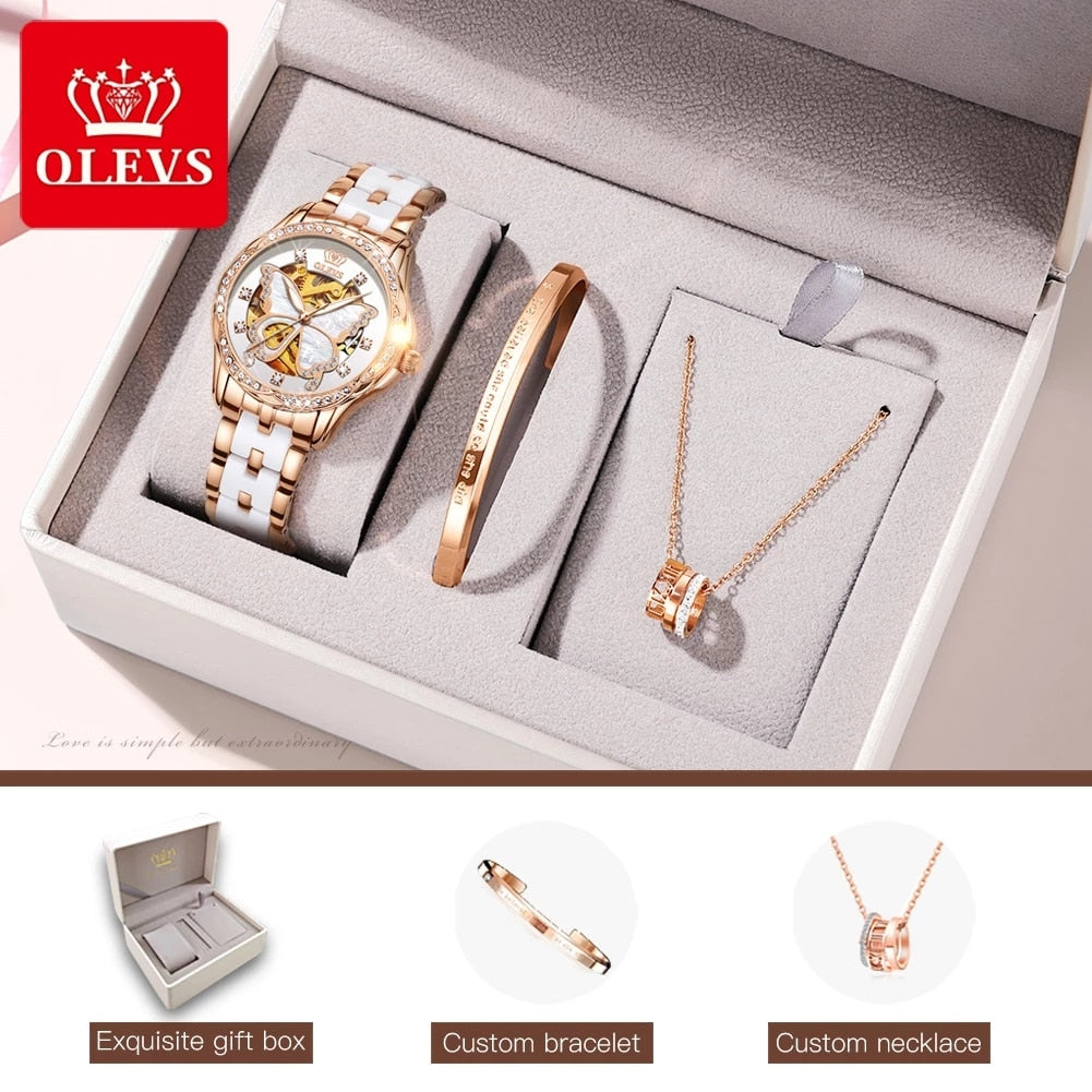 OLEVS Mechanical Elegant Luxury Dress Butterfly Diamond White Ceramic Band Watch Gift