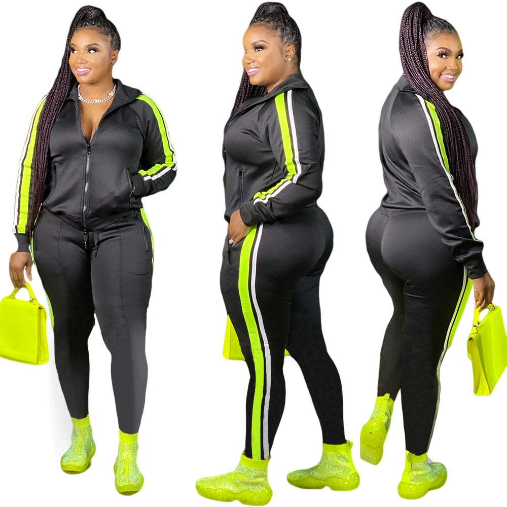 LW Plus Size Hooded Collar Patchwork Tracksuit Set Sweatsuit Joggers Outfit Zip - DJVWellnessandPets