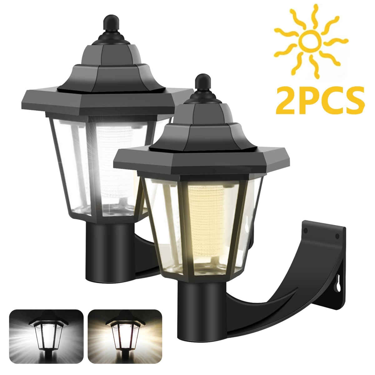 2PCS Solar LED Wall Light Porch Lamp Garden Outdoor Lighting Waterproof Hexagonal Street Lantern Lighting Retro Courtyard Decor