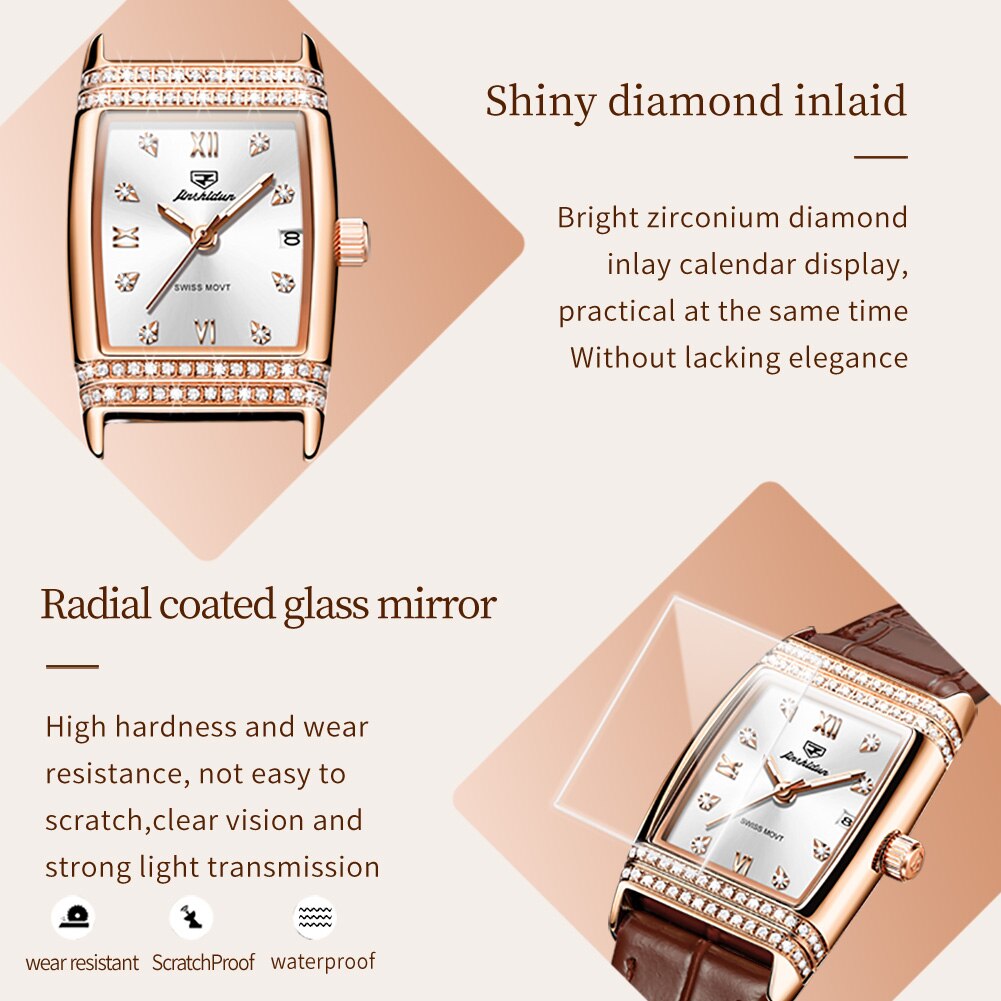 JSDUN Luxury Diamond Dial Leather Wristband Fashion Square Rose Gold Quartz Wrist - DJVWellnessandPets