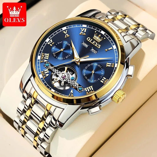 OLEVS Automatic Mechanical Watch for Men Date Calendar Skeleton Wristwatch Stainless Steel Classic Business Watches 6607