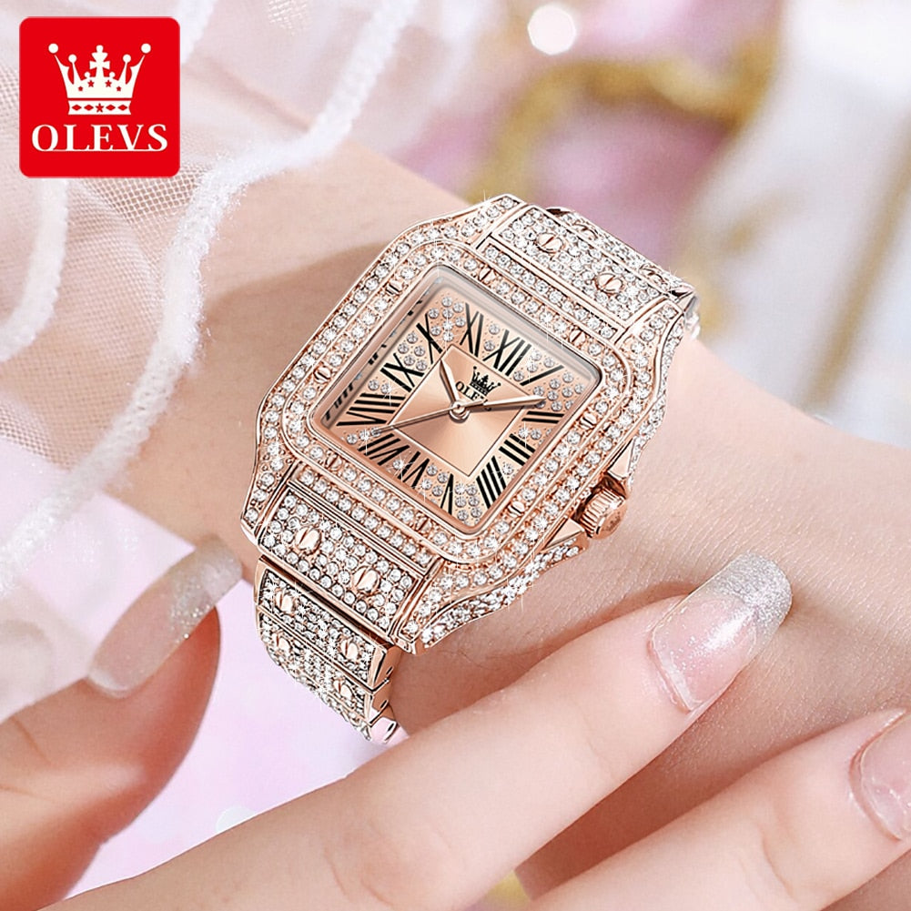 OLEVS Quartz All Diamond Luxury Waterproof Stainless Steel Rose Gold Elegant Watch