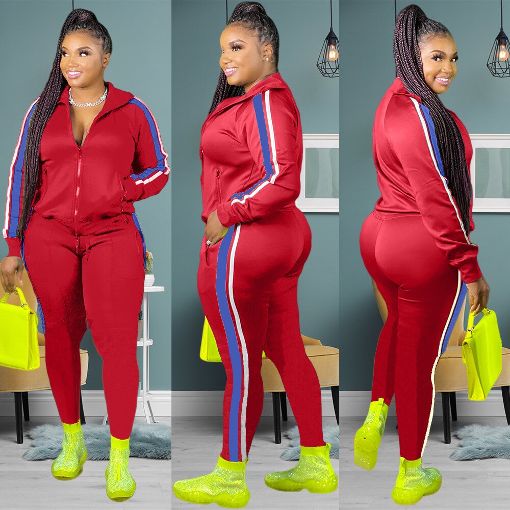 LW Plus Size Hooded Collar Patchwork Tracksuit Set Sweatsuit Joggers Outfit Zip - DJVWellnessandPets