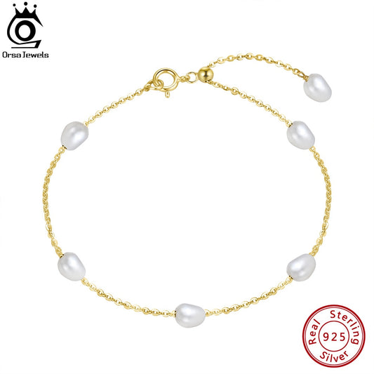 ORSA JEWELS 14k Gold 925 Sterling Silver Bracelet Adjustable Design with Natural Freshwater Pearl Delicate Vintage Jewelry GPB08