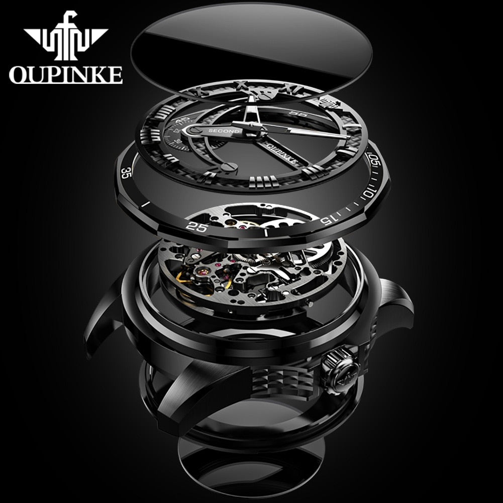 Black Skeleton Luxury Automatic Mechanical Sapphire Crystal Tungsten Steel Waterproof Luminous Watch - DJVWellnessandPets