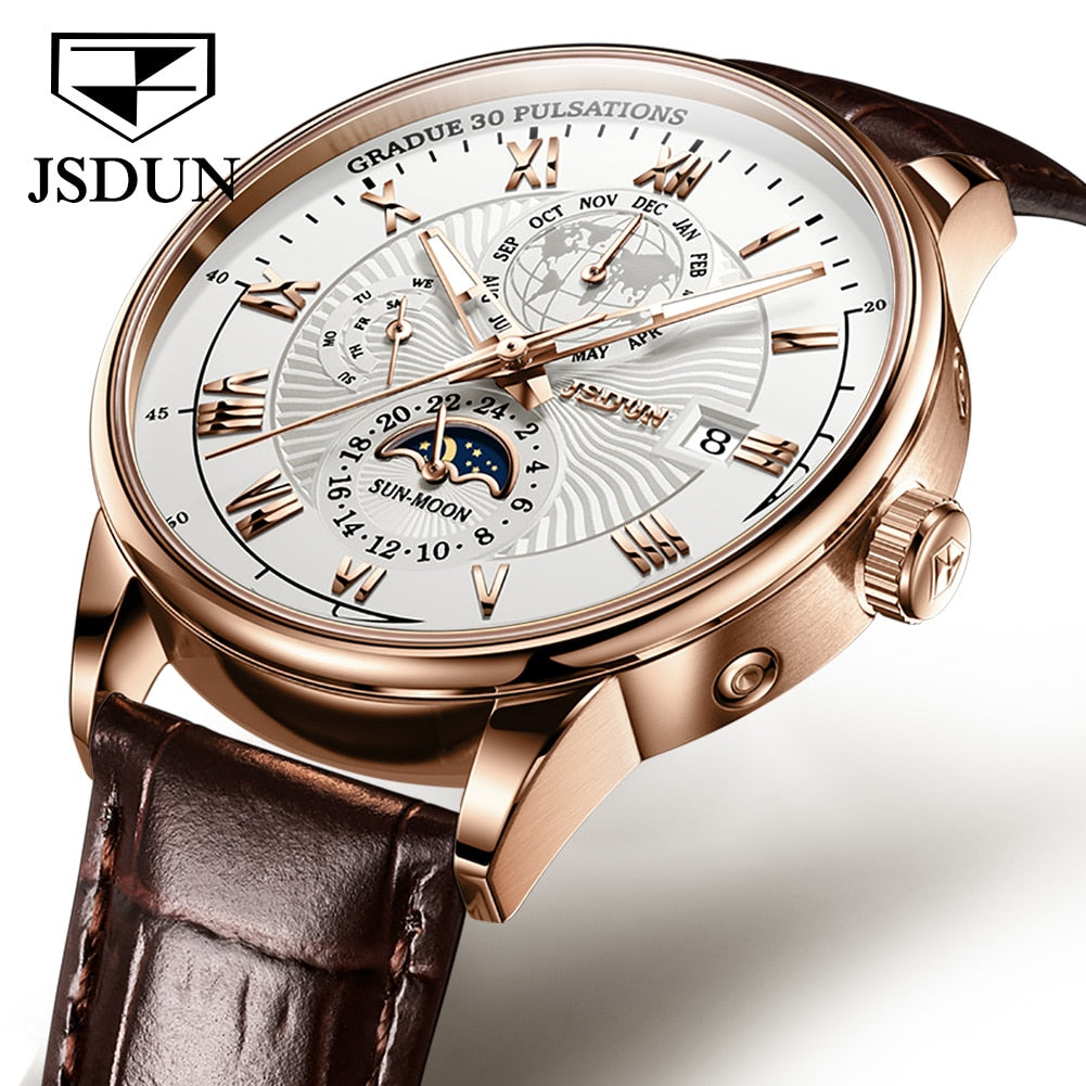 JSDUN Mechanical Watch Luminous Leather Strap Waterproof Top Brand Luxury Business Watch For Men Moonswatch 8909 - DJVWellnessandPets