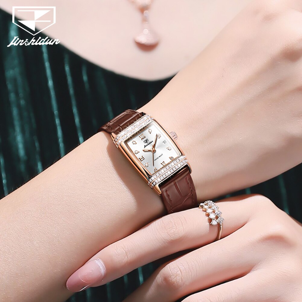 JSDUN Luxury Diamond Dial Leather Wristband Fashion Square Rose Gold Quartz Wrist - DJVWellnessandPets